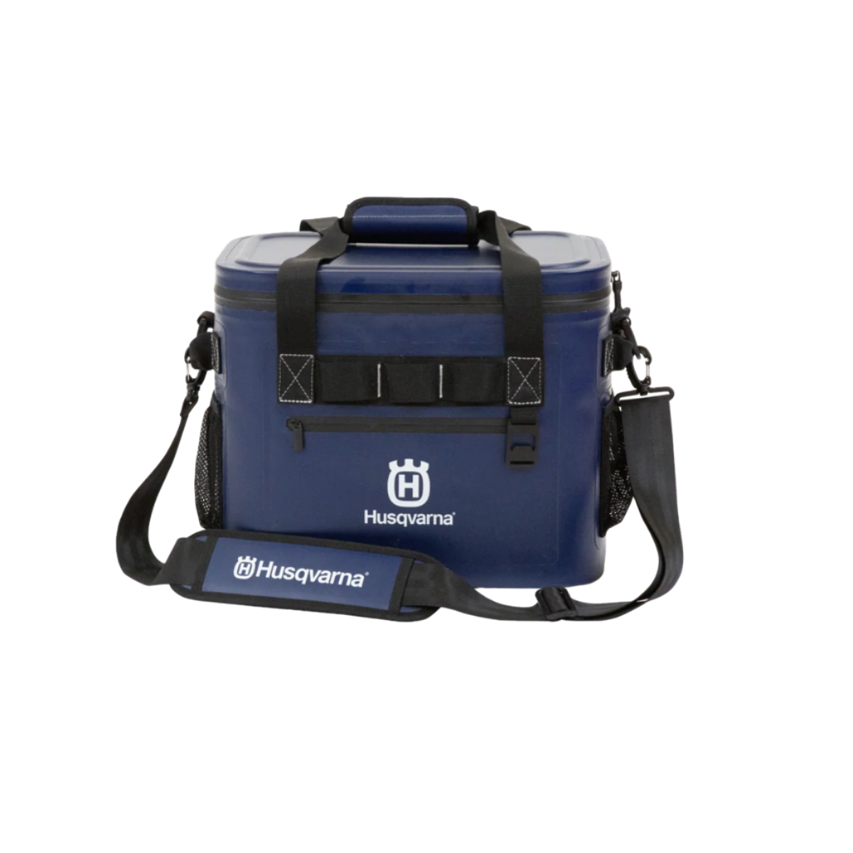A blue Husqvarna cooler bag with a white background