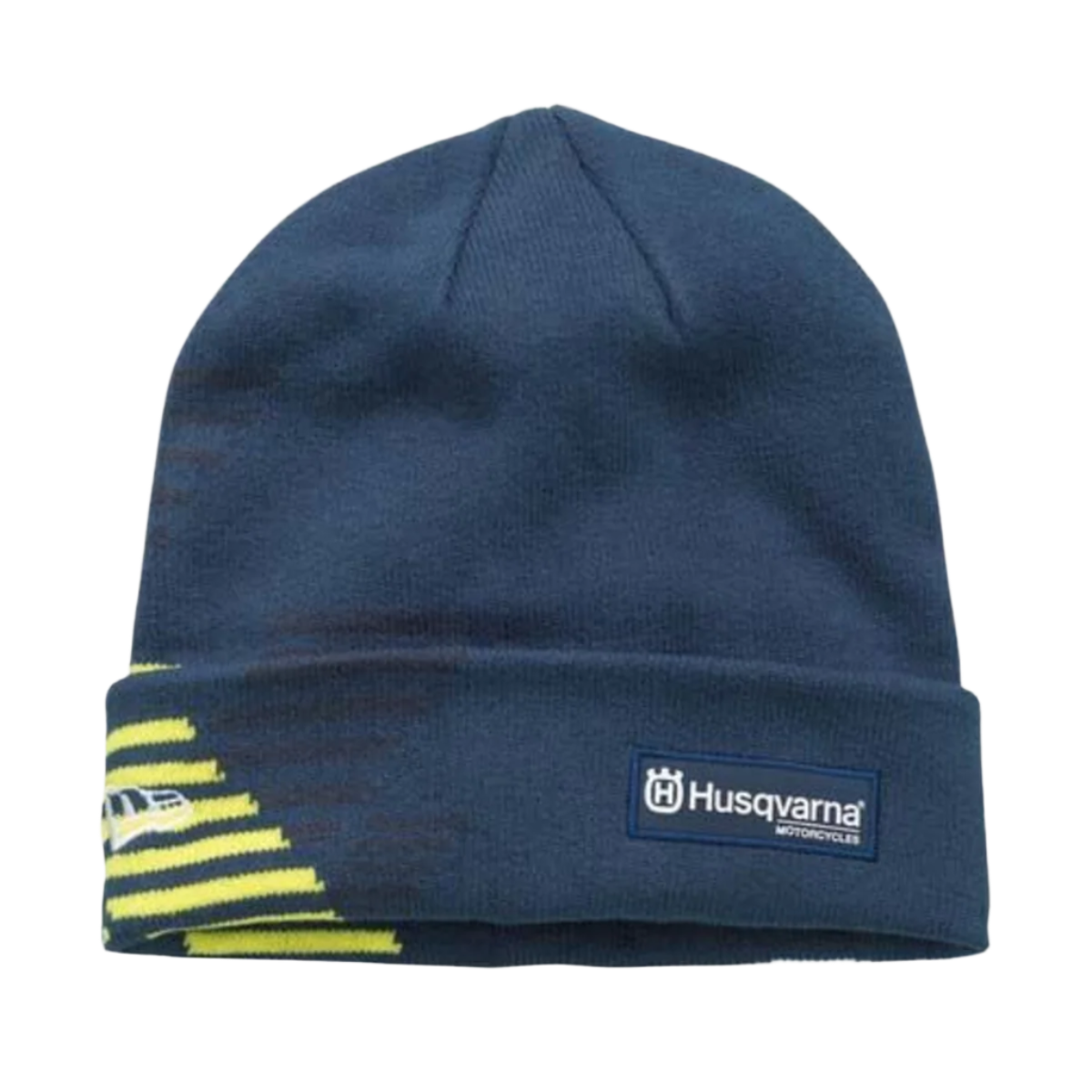 Blue beanie with Husqvarna logo on a light gray background