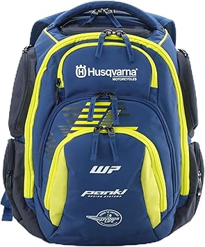 A blue and yellow Husqvarna backpack with multiple compartments and shoulder straps.