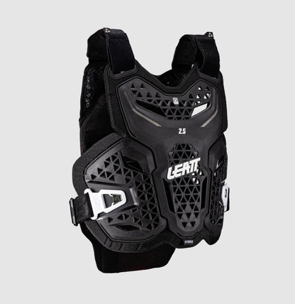 Black protective vest with 'Leatt' branding on a light gray background