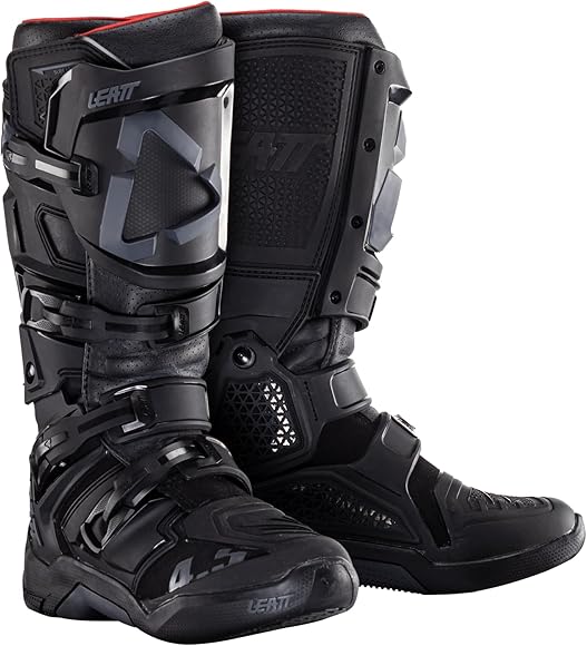 A pair of black LEATT 4.5 motorcycle boots with a slideLock system and reinforced heel.