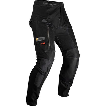 Black motorcycle pants with multiple pockets and a brand logo on a white background