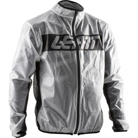 White rain jacket with black accents and a leatt brand logo on a white background
