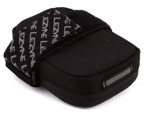 Black backpack with a patterned strap on a white background