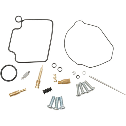 Collection of mechanical parts including gaskets, screws, and nozzles on a white background