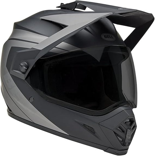 Fox MX-9 MIPS Adventure helmet in Alpine GY/BL with anti-fog, anti-scratch faceshield, removable visor, and Velocity Flow ventilation
