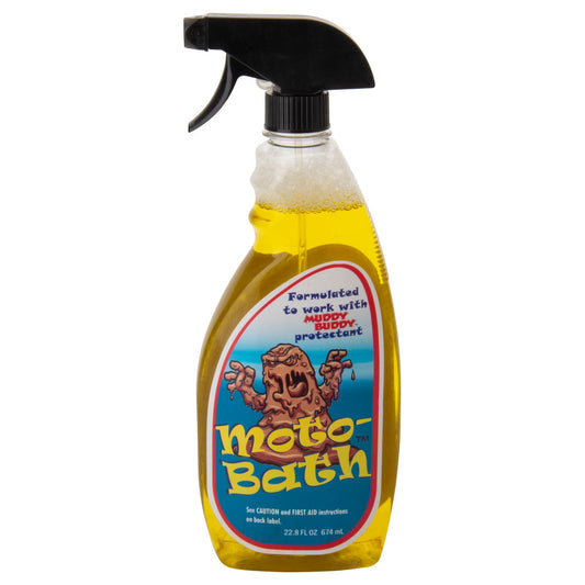 Bottle of 'moto-Bath' with a spray nozzle on a white background