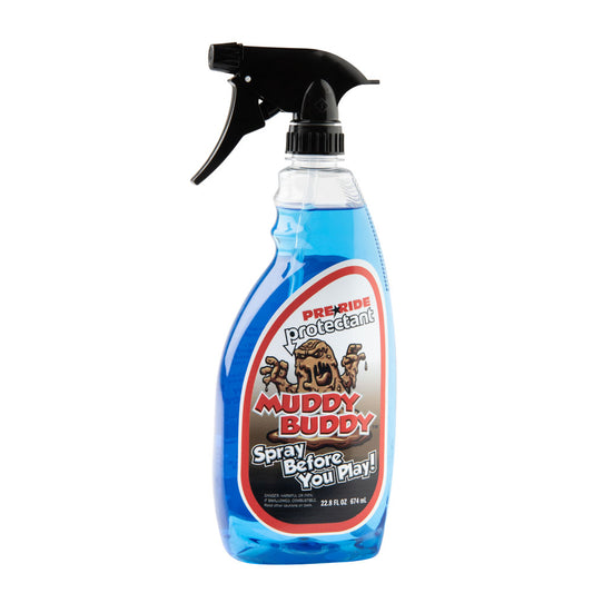 Muddy Buddy spray bottle with label on a white background