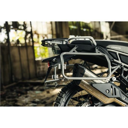 Motorcycle with a luggage rack in an outdoor setting