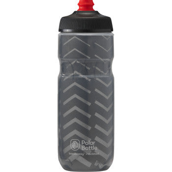 Gray water bottle with black lid and red cap on a white background