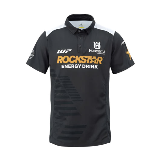 Black polo shirt with Rockstar Energy Drink and Husqvarna logos on a white background