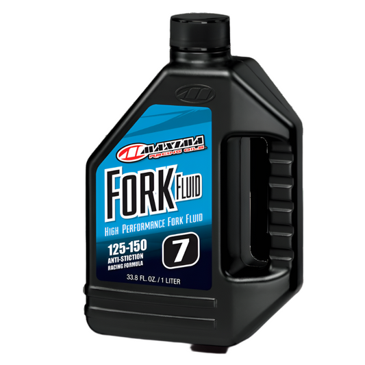 Maxima Fork Fluid bottle with blue label on a white background