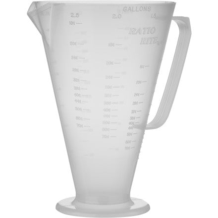 Clear plastic measuring cup with measurement markings on a white background