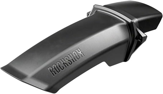 Black motorcycle fender with 'Rockshox' branding on a white background