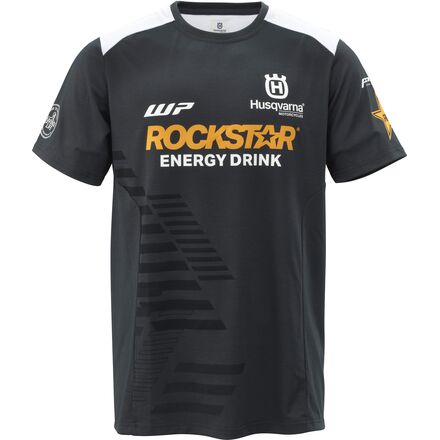A black t-shirt with 'ROCKSTAR Energy Drink' and 'Husqvarna' logos, featuring short sleeves and a round neckline.