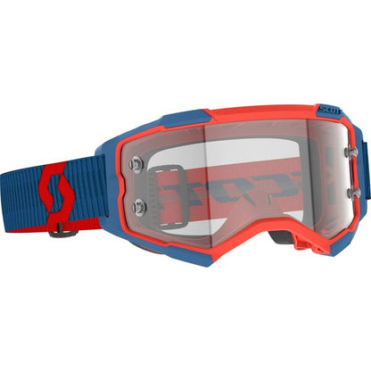 Scott Furry Red and blue goggles with clear lenses on a white background
