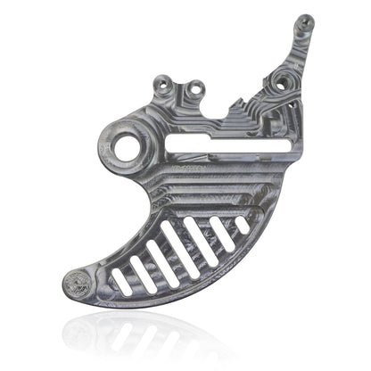 Bullet Proof Designs rear disc guard for KTM, Husqvarna, GasGas, and Stark Varg 125â€“501 bikes, 2004â€“2025, protects rear brake rotor, lightweight one-piece design, includes 20/22/25mm axle spacers, off-road and motocross use