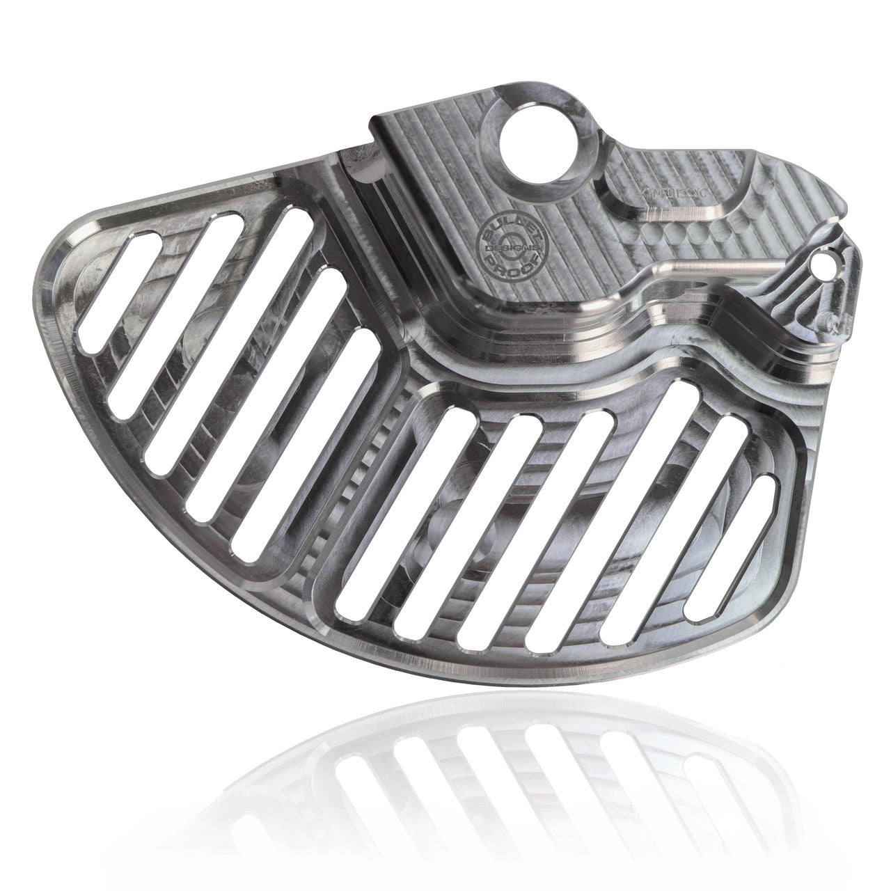 Bullet Proof Designs front disc guard for KTM, Husqvarna, GasGas with 22mm front axle, protects front brake rotor and lower fork lugs, lightweight off-road aluminum guard