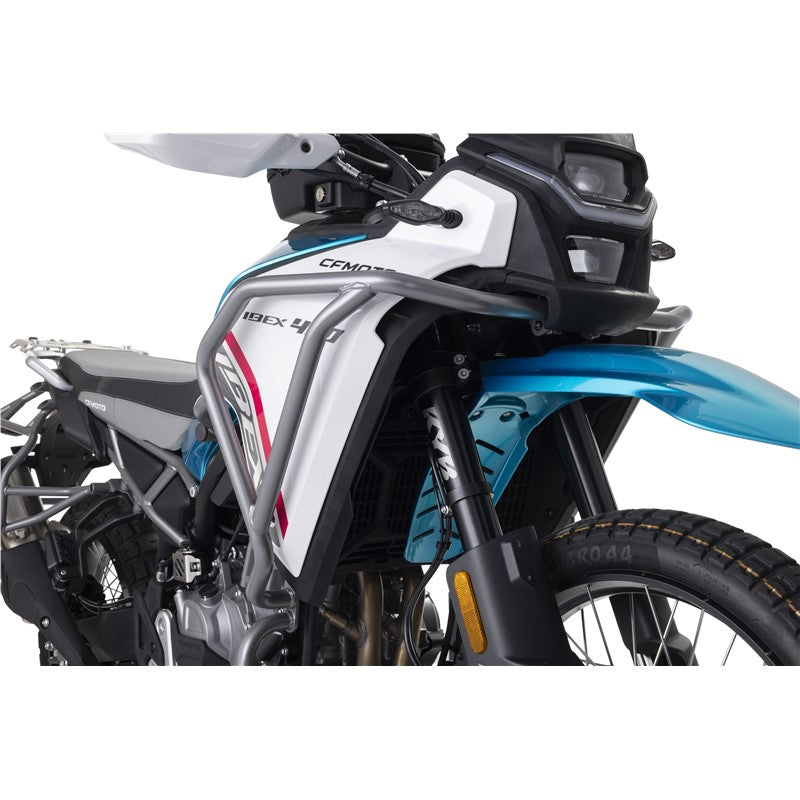 Close-up of a motorcycle with visible branding on a white background
