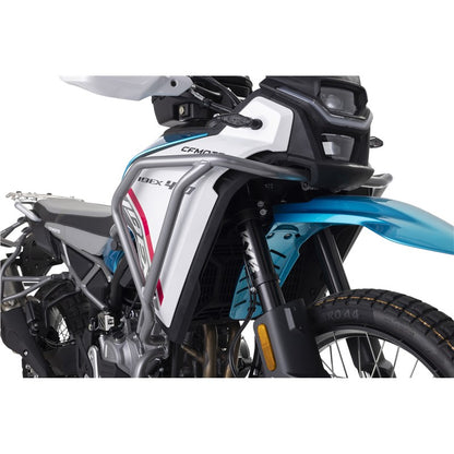 Close-up of a motorcycle with visible branding on a white background