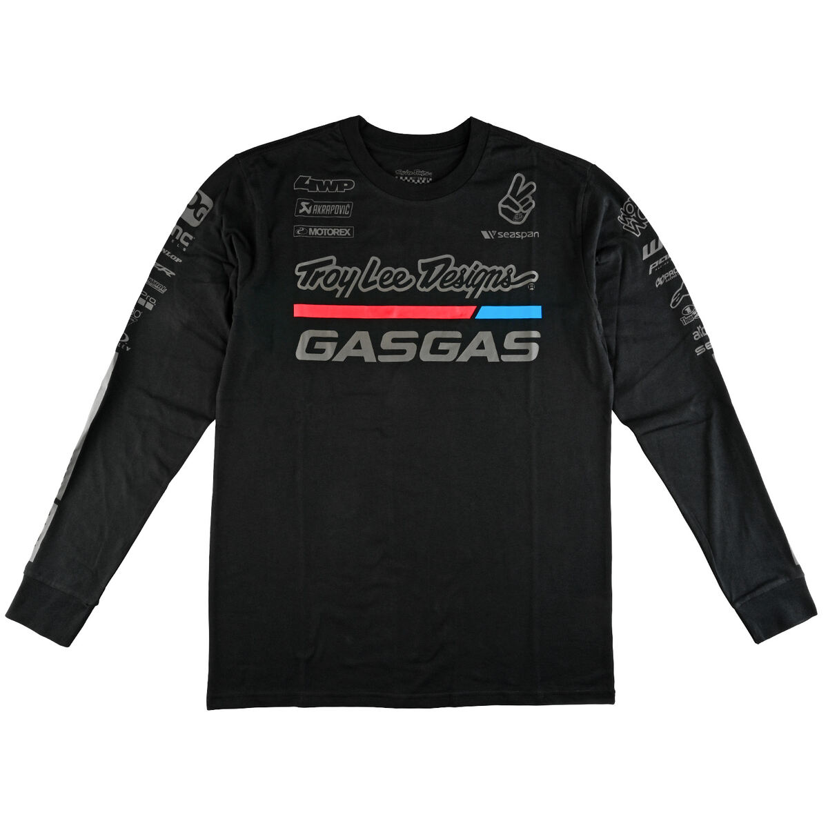 A black long sleeve T-shirt with 'Troy Lee Designs' and 'GASGAS' branding on the chest and sleeves.