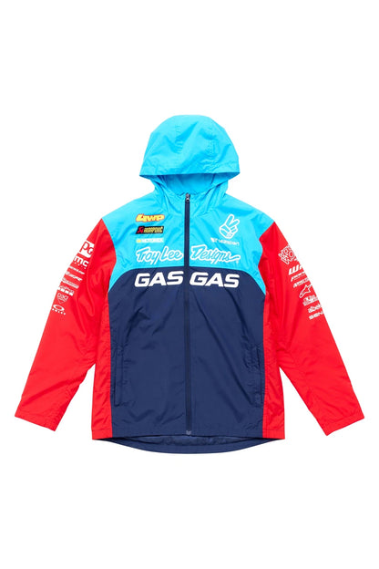 A colorful motorcycle outerwear jacket with 'GAS GAS' branding, featuring a hood and zippered front.