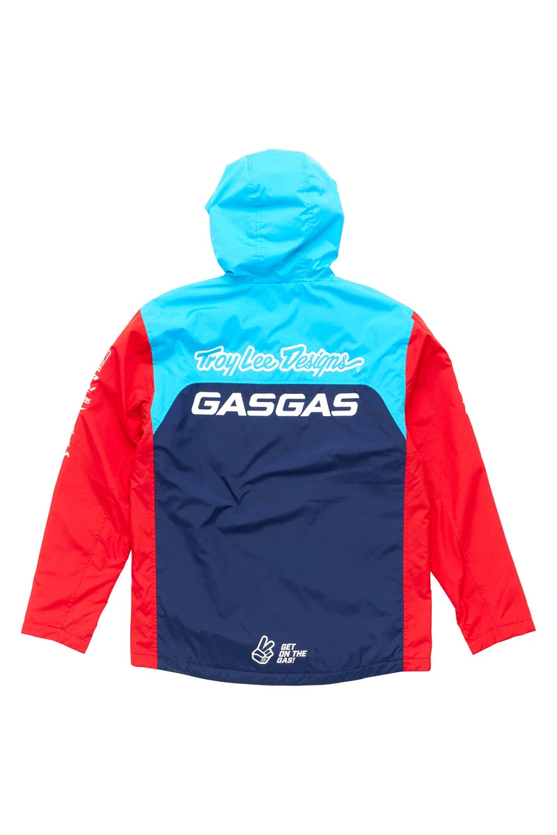A colorful motorcycle outerwear jacket with 'GAS GAS' branding, featuring a hood and zippered front.