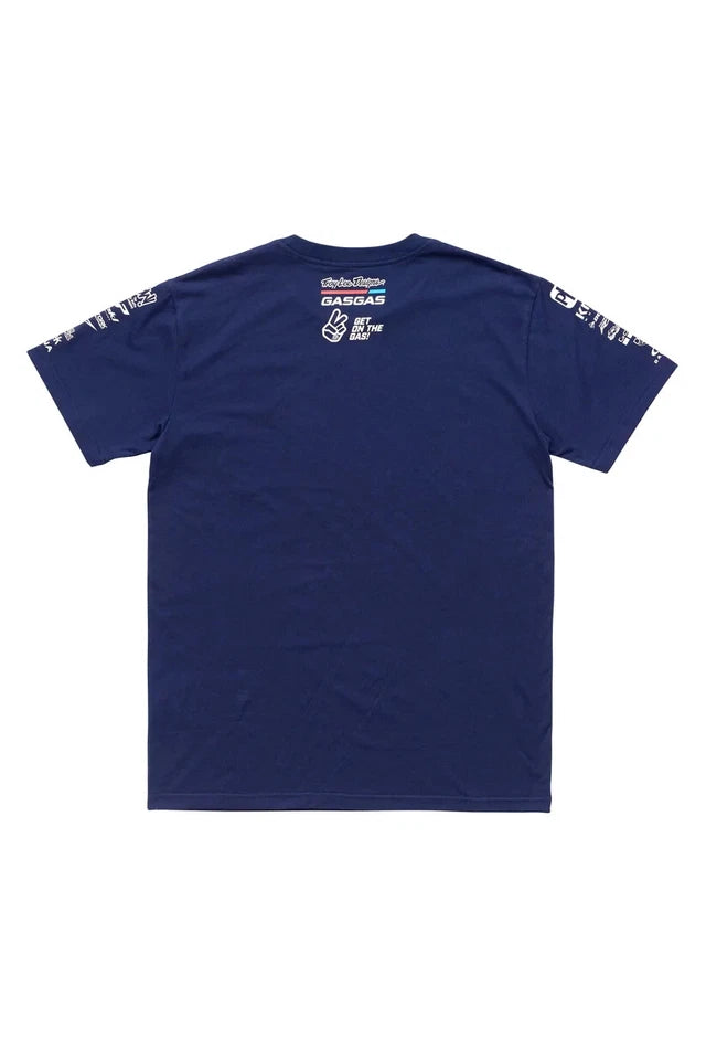 A navy blue Troy Lee Designs youth GASGAS team t-shirt with white and light blue graphics, including the brand and team name.