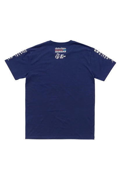 A navy blue Troy Lee Designs youth GASGAS team t-shirt with white and light blue graphics, including the brand and team name.