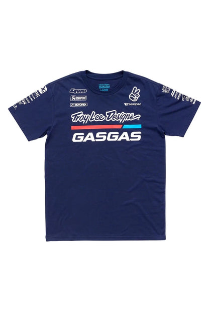 A navy blue Troy Lee Designs youth GASGAS team t-shirt with white and light blue graphics, including the brand and team name.