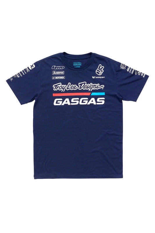 A navy blue Troy Lee Designs youth GASGAS team t-shirt with white and light blue graphics, including the brand and team name.