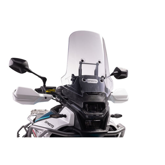 Motorcycle with a clear windshield and Cipriano branding on a white background