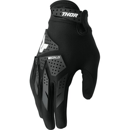 Black motorcycle glove with 'Thor' branding on a white background