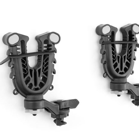 CFMoto Flex Grip Pair mounted on CFConnect holes of a CFMoto vehicle holding tools like shovels and rakes securely