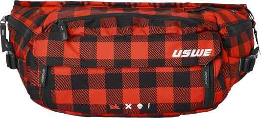 Red and black checkered bag with 'USWE' branding on a white background