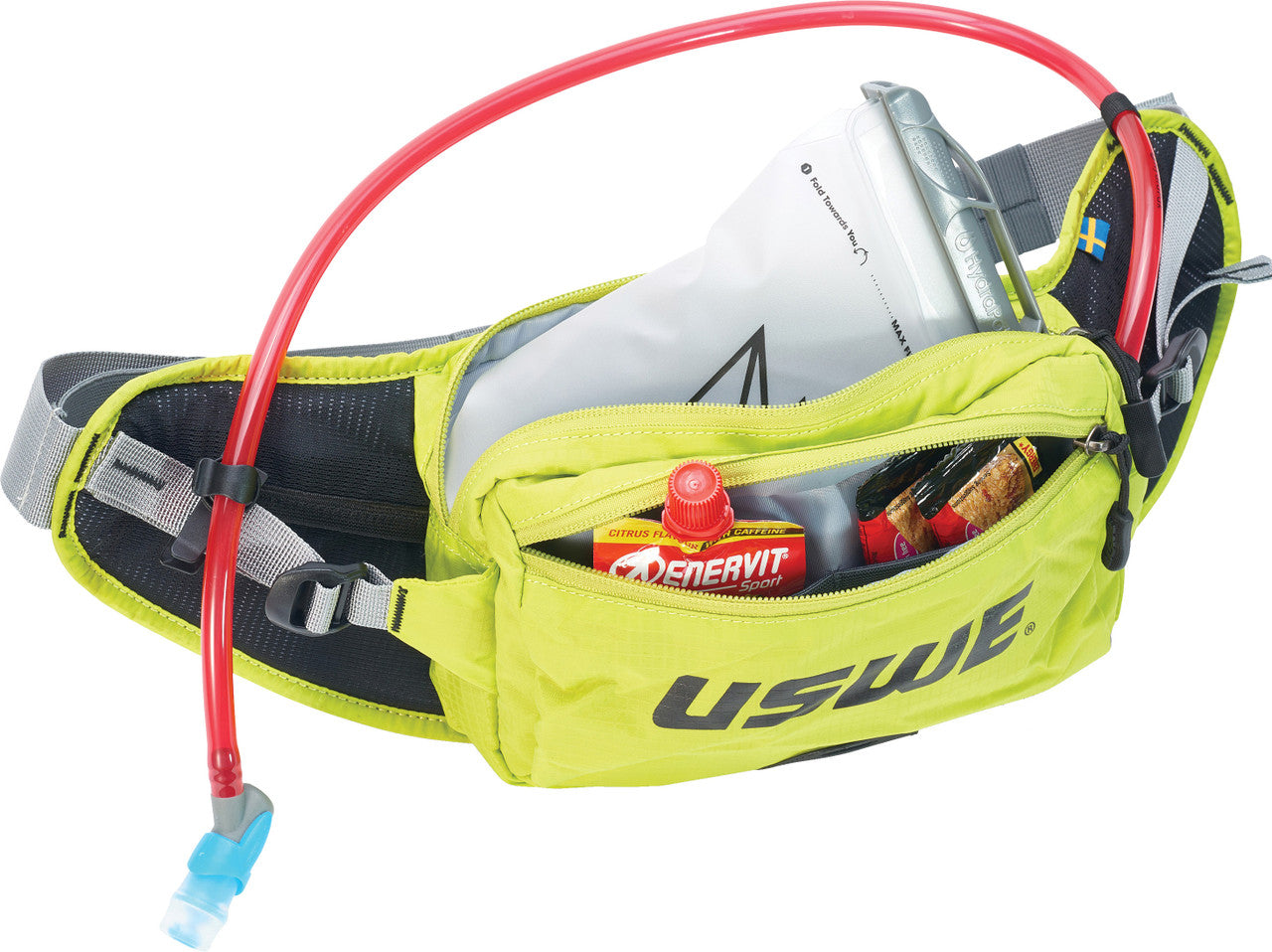 Yellow USWE Zulo 2 Hip Pack on white background.
