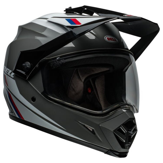 Fox MX-9 Adventure MIPS helmet in Alpine ND/BK with integrated anti-fog, anti-scratch faceshield, removable visor, and Velocity Flow ventilation