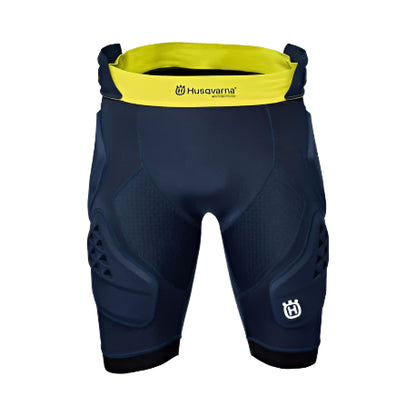 Navy protective shorts with yellow waistband featuring Husqvarna logo on a white background
