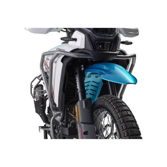 Close-up of a motorcycle with a blue fender on a white background