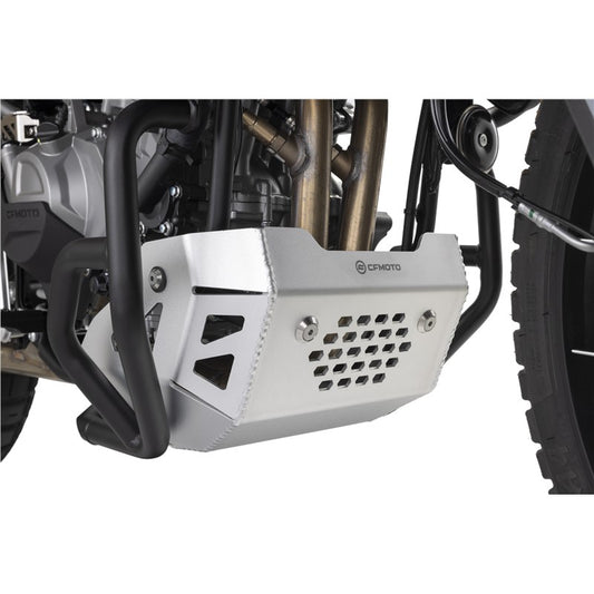 Motorcycle skid plate with CFMOTO branding on a white background