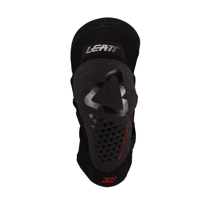 Black knee pad with Leatt branding on a white background