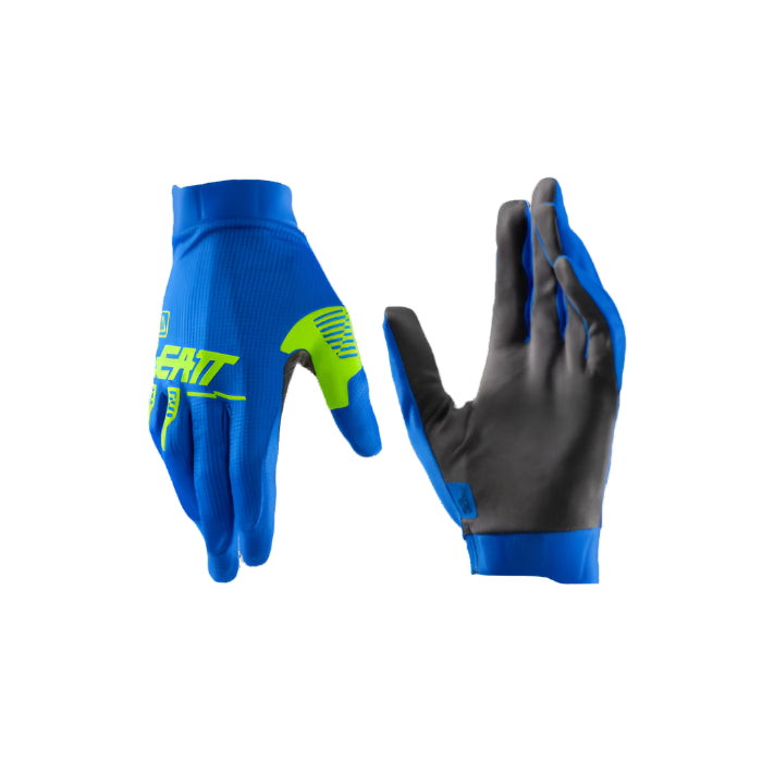 LEATT Blue and black gloves with green accents on a white background