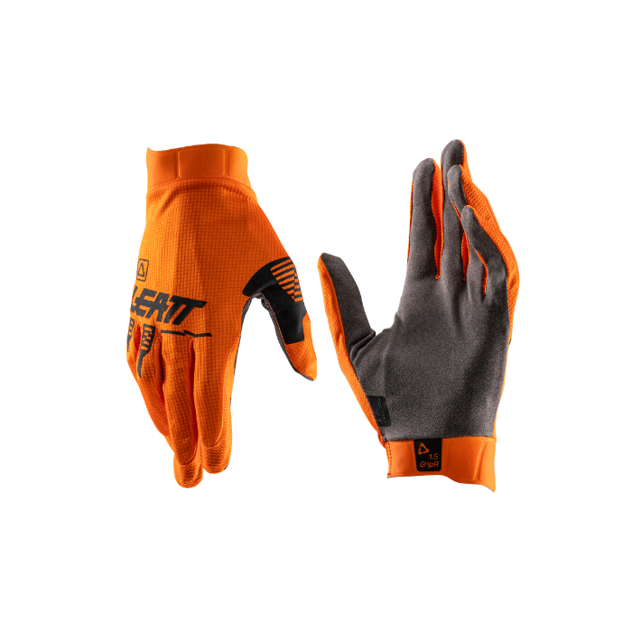 LEATT Orange and gray gloves with brand logo on a white background
