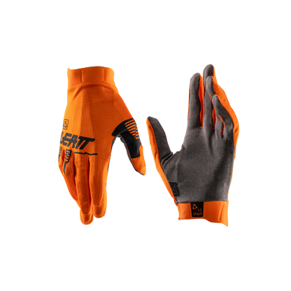LEATT Orange and gray gloves with brand logo on a white background