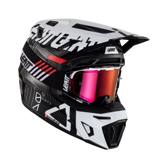 White Leatt Moto 9.5 Carbon V23 Helmet Kit on a white background.