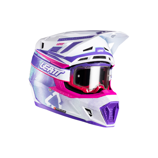 Leatt helmet with pink and purple design on a white background