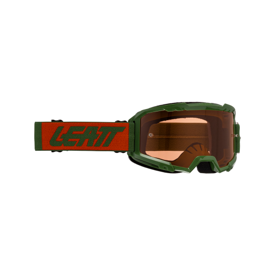 Green and red goggles with a brand logo on a white background