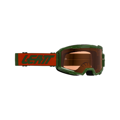 Green and red goggles with a brand logo on a white background