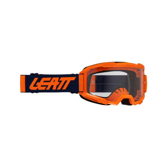 Orange goggles with clear lenses on a white background