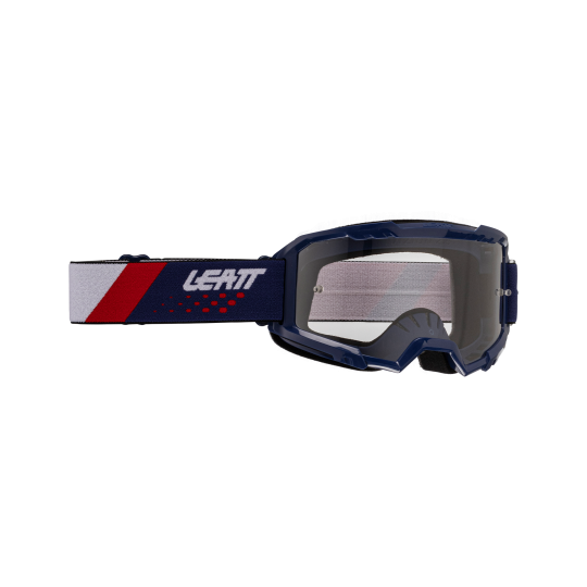Leatt goggles with blue frame and red and white accents on a white background